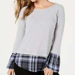 Style & Co Plaid Contrasting Hem and Cuff Waffle Knit Long Sleeve Shirt